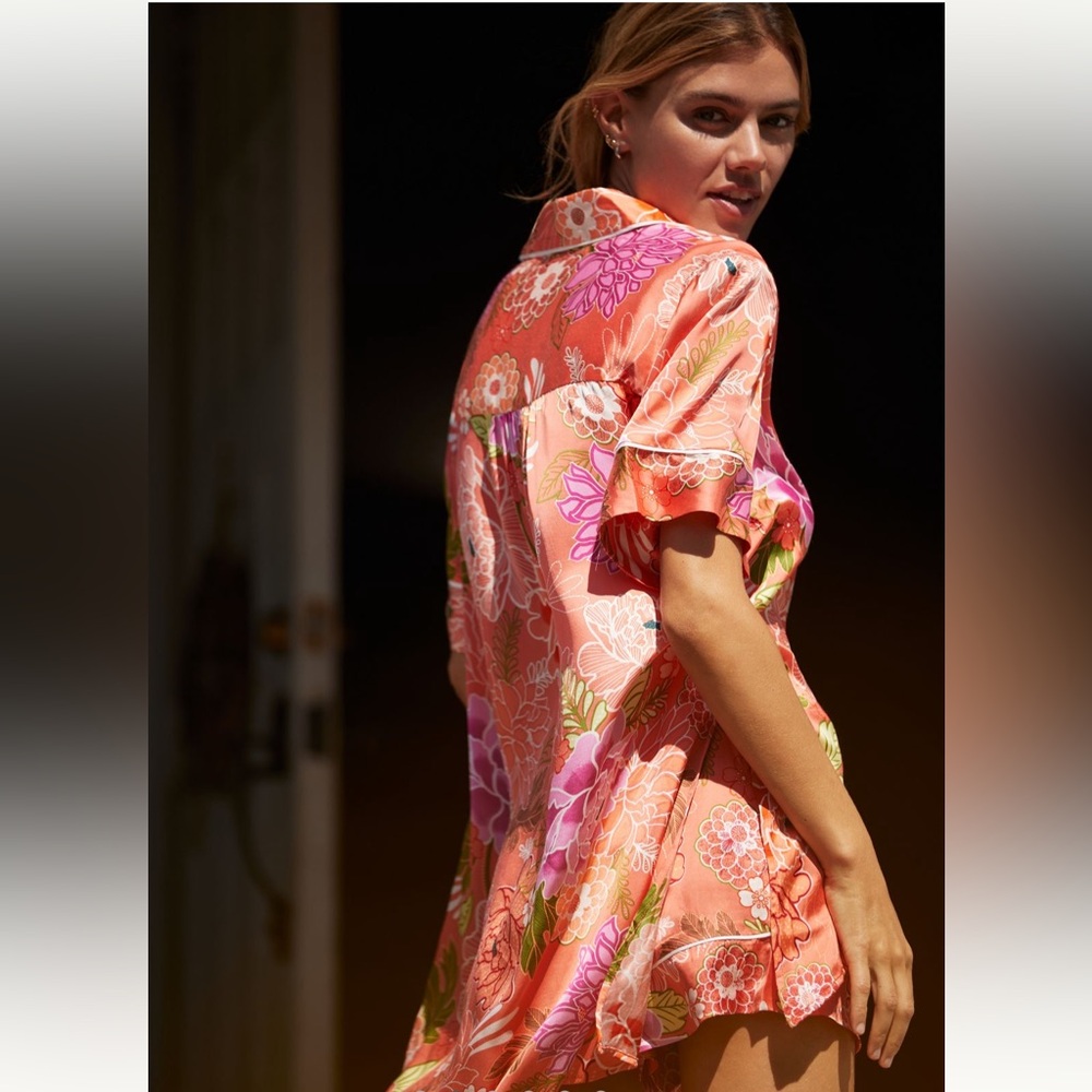 Anthropologie Pink and Orange Floral Intimates Two Piece Shorts Set